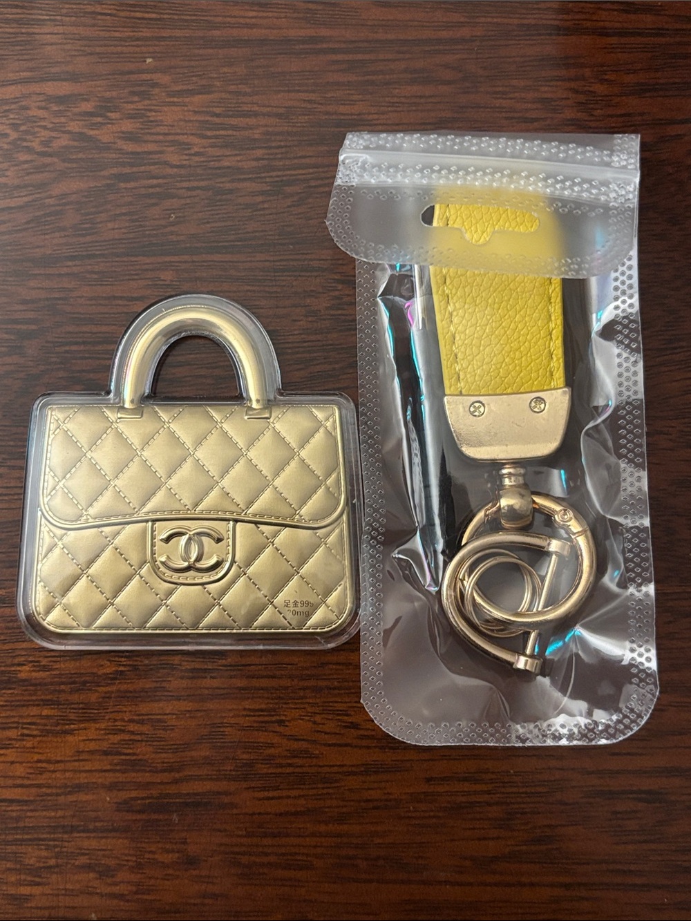 Brand New ! Hand Made Gold Quilted Handbag Charm with Yellow Key Strap